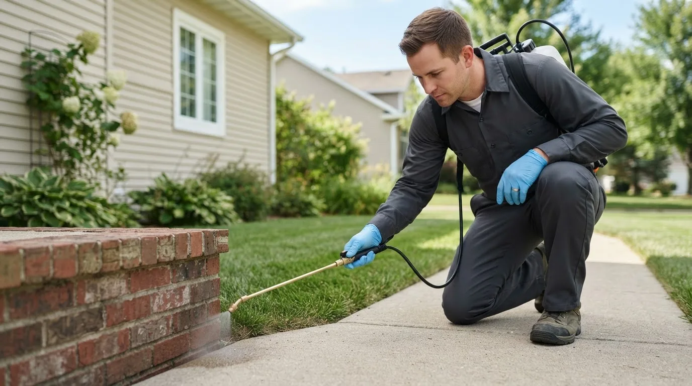 Pest control technician treating a home near Dudley, NC